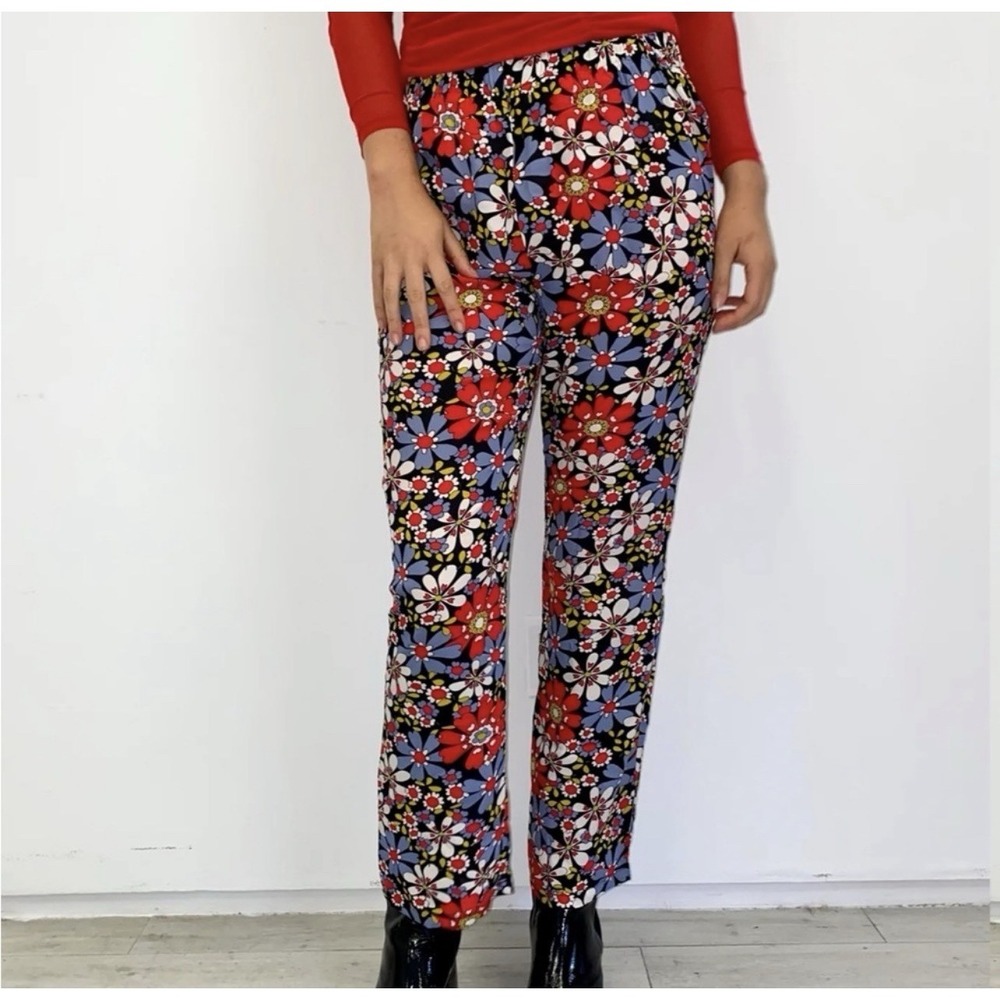 WRAY NYC SOL Floral Straight Pants Size‎ S Primary Daisy 70s Vibes Art Quirky
